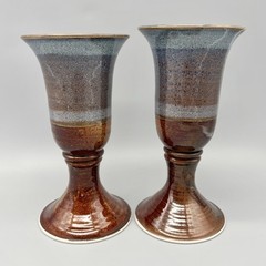 Pair of Studio Art Pottery Brown Wheel Thrown Blue Stripe Goblets 6.75″ Handmade