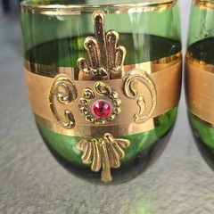 Mid Century Emerald Green & Gold Jeweled Czech Bohemian Cordial Cocktail Glasses