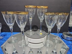 (6) Water Goblets Glasses 8-3/8″, clear Gold Crystal Tiffin «Melrose» 17356 stem