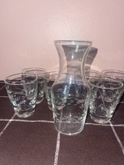 Vintage Etched Glass Carafe and 6 Tumbler Glasses Set, Clear
