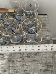 MCM Set 8 Highball Glasses with Gold Tone Wire Storage/Carry Rack