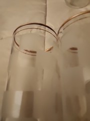 Four Federal Glass 12 oz Tumblers Clear & Frosted Checked With Double Gold Rim
