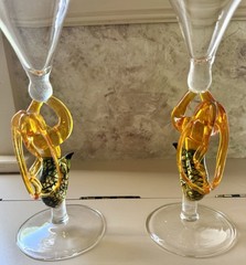 2 Milon Townsend Hand Blown Mermaid Swimming Martini Wine Goblets 8 3/4” Yellow
