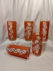 Vintage Salmon Pink & Blue Pastel Frosted White Leaf Glasses Tumblers (6)