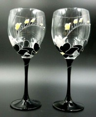 2 PINK & YELLOW FLORAL WINE GLASSES / WINE GOBLETS WITH BLACK STEMS