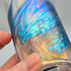 David Salazar Studio Art Glass Tumbler Iridescent Blue Pulled Feather 4″ Signed