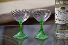 Antique Spiral Optic Cocktail Glasses with Green Stems, Fostoria, 1925