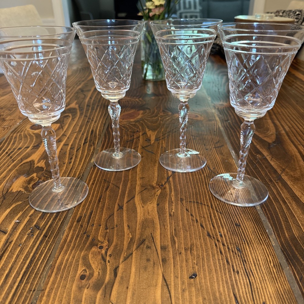 4 vintage Libbey Rock Sharpe 2013-3 Water 8″ Glasses Cut Spiral Dots Criss Cross
