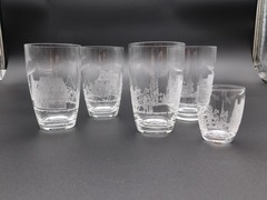 Vintag5pc Set Heisey Tally Ho Etched Glasses with Matching Shot Glass 3.75″ Tall