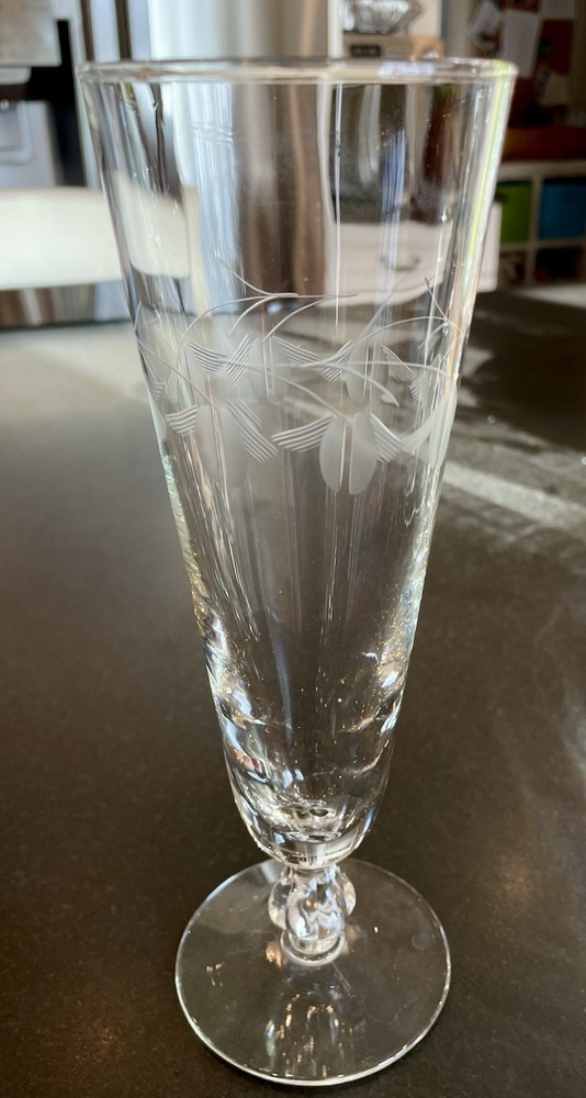 MCM Vintage Cut Floral Etched 8 1/2″ Footed Pilsner Glass