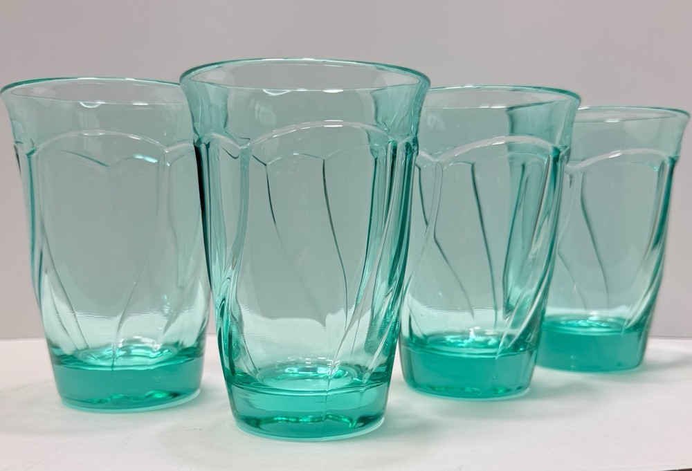 Vintage Set of 4 Noritake Sweet Swirl Aqua Highball Tumbler Glasses Very Nice!