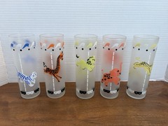 Vtg Libbey Animal Carousel Frosted Glasses Set of 9 Circus MCM Merry Go Round