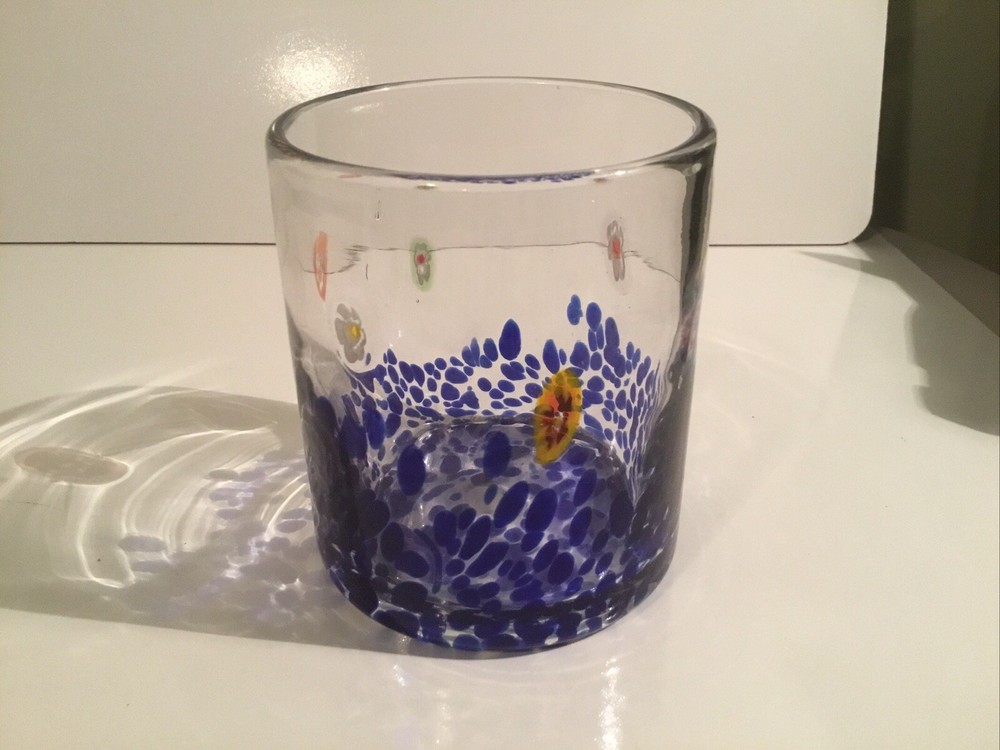 Nice Hand Blown Murano Style Glass Tumbler ~ Millefiori Accents Blue Confetti