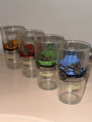 Vintage Set 4 Hazel Atlas Glasses Gay Fad Antique Autos Timers Barware 1950s