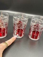 VTG Moroccan Style Tea Glasses Ruby Red Juice Cup 4” Filigree Scroll ARC Set of3