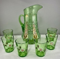 Antique Northwood Glass Co Brilliant Emerald Green Glass Floral Lemonade Set