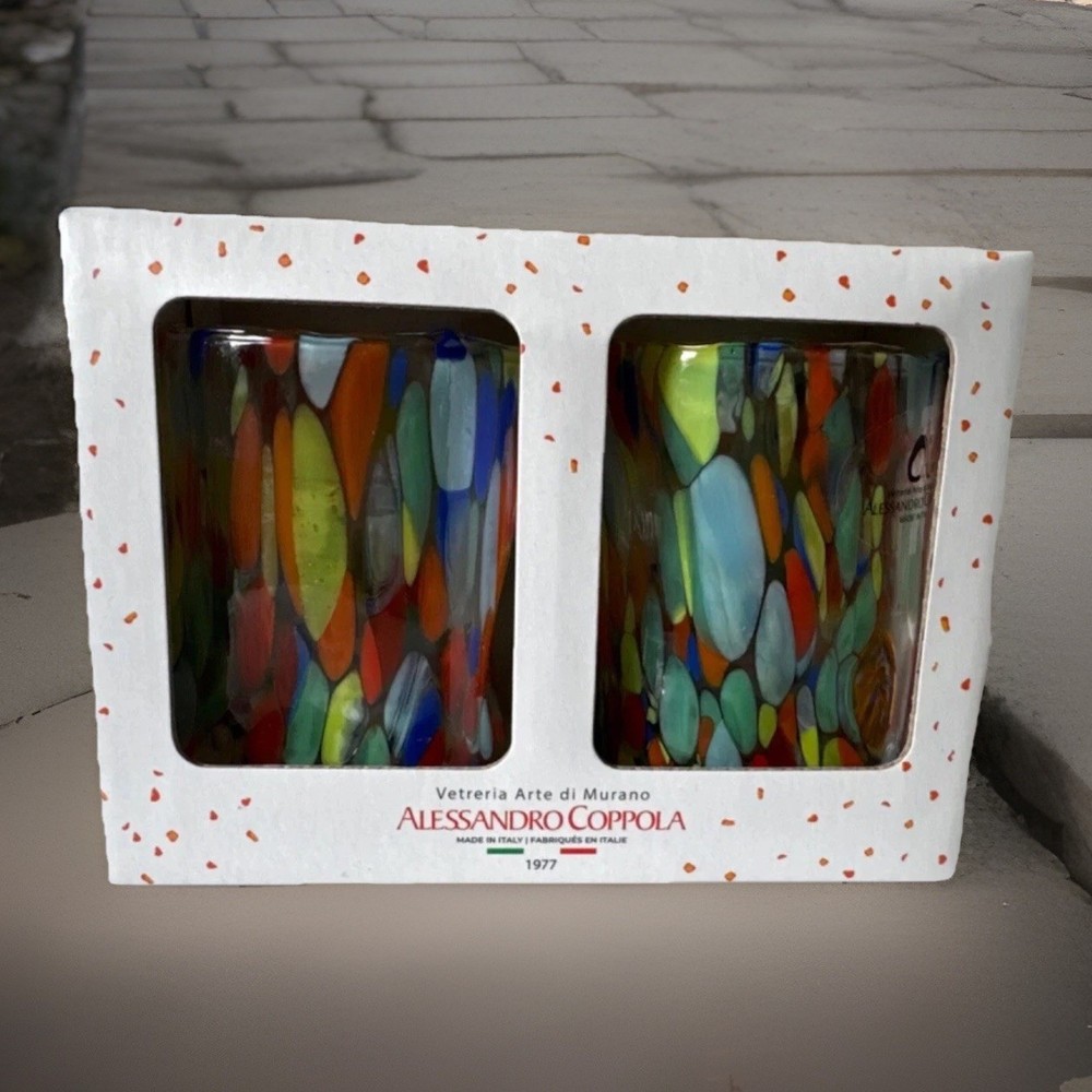 2 Murano Arte Di Alessandro multicolor Confetti drinking Glasses 4″ tall New