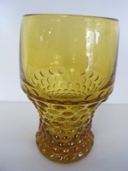 VINTAGE 3¾» AMBER BUBBLE BASE JUICE GLASS FROM SIBLEY HOME, ROCHESTER NY 3/25/76