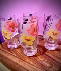 Four VTG 70s Footed Frosted HIBISCUS Drinking Glasses Tropical 10 Oz