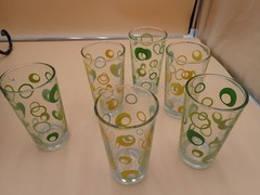 Vintage MCM 6 PC Libbey Glass Tumbler Green/Yellow Boomerang Atomic Olives 5.5″