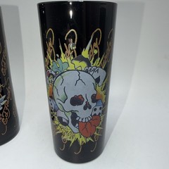 Set Of 3 Ed•Hardy Designs Black Glass Tumblers 5.75″ Tattoo Style Designs