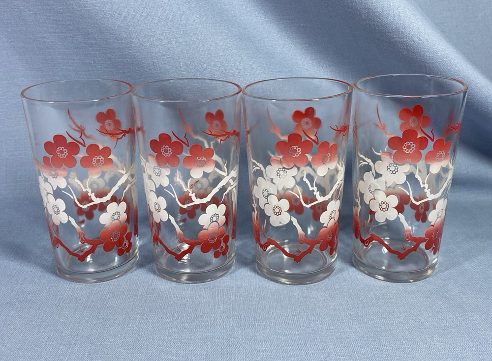 MCM Set 4 Federal Glasses Red White Ombre Dogwood Flowers 8oz Tumblers Excellent