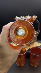 Ant Dugan Floral & Grape Marigold Carnival Glass Water Pitcher Set w/ 4 Tumblers
