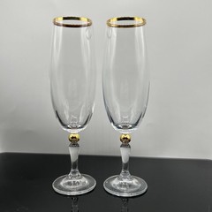 Bohemia Crystal- Crystalex Champagne Glasses Gold Rim, Gold Ball on Stem 8” (2)