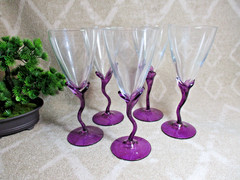 Set 5 Clear Wine Glasses with Purple Amethyst Tulip S- Shaped Stem Base