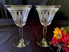 Morgantown Hubbard Stem Line Water Goblets, Two (2), Needle Etching, MINT!
