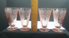 Jeannette Glass, Floral aka Poinsett, Pink, Tumblers, 4-Footed, c 1931-35, ExCd