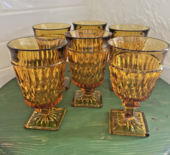 Set of 6 Indiana Glass Mount Vernon Amber Water Goblets 6 in Square Base MCM