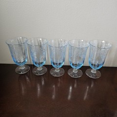 5 Fostoria Blue Meadow Rose Etched Juice Glasses 4.5″ Rare