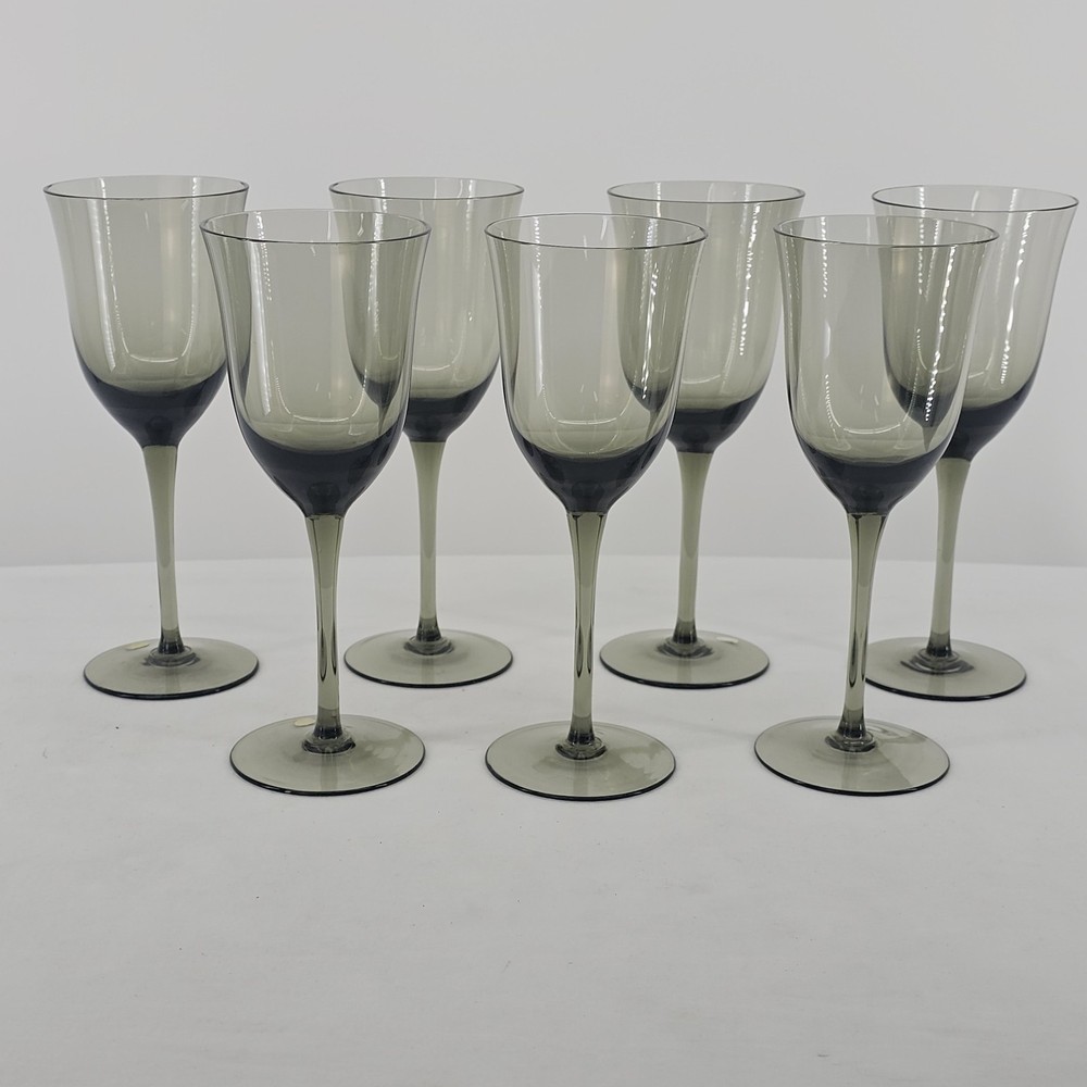 Smokey Gray Tulip Wine Glass 6oz. Set Of 7 Hungary 7″ Tall MCM