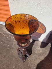 Large 23″ Tall Amber Tortoise Shell Glass VASE/Candle Holder. HEAVY Brass BASE