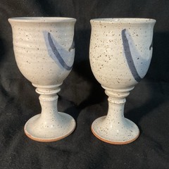 Pair Studio Pottery, 6-1/2″ Tall Redware Goblets with Grey Glaze and Blue Leaves