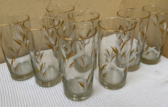 Complete Set Of 8 Vintage Libbey Glass “Wheat Spray” 12-ounce Glasses Gold Rim