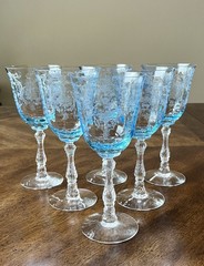 Vintage Fostoria Navarre Blue Etched Crystal Water Goblets 7-5/8” Set Of 6