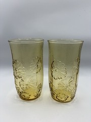 Anchor Hocking Set Of 2 Spring Song Daisy Tumbler Cups Honey Gold Amber 5”