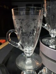 (5) Tumblers Footed handle Glasses 5-7/8″, Heisey crystal Pied Piper etch