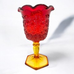 Vintage L.E. Smith Amberina Glass Goblet, Ruffled Rim, Daisy & Button Pattern