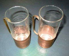Set of 2 Copper & Glass Cups w Brass Handles Vintage Japan