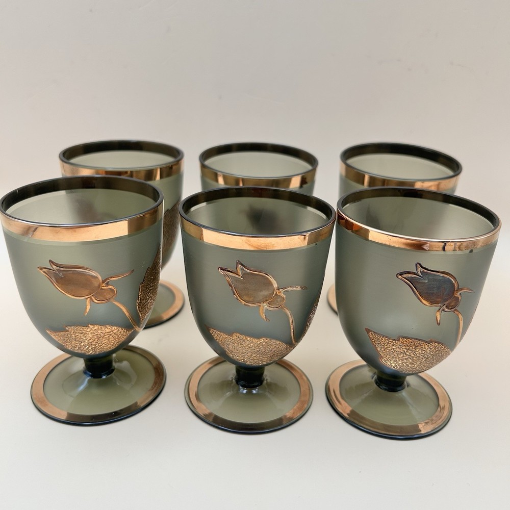 VTG BOHEMIAN CZECH FOOTED GLASS GOBLETS SMOKY SAGE GREEN 24K GOLD GILT SET OF 6