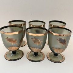 VTG BOHEMIAN CZECH FOOTED GLASS GOBLETS SMOKY SAGE GREEN 24K GOLD GILT SET OF 6