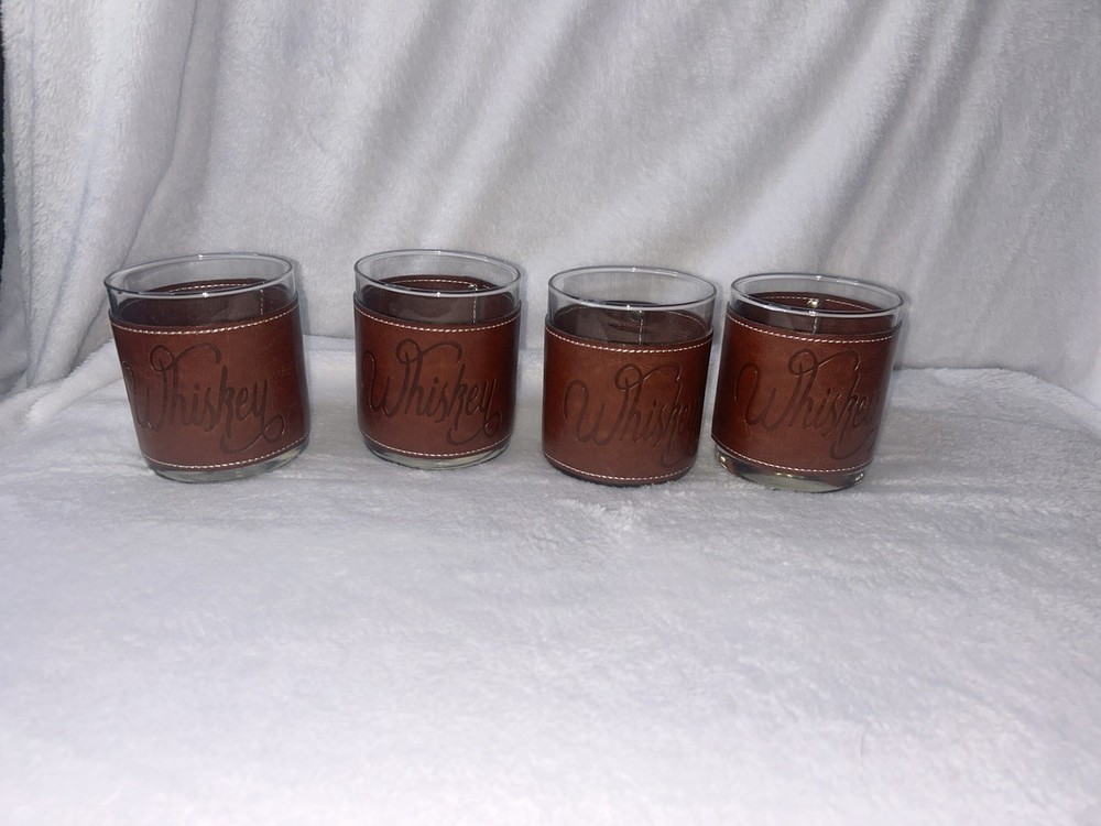 Set of 4 Vintage Western Whiskey Glasses Tooled Leather Wrap Bar Tumblers