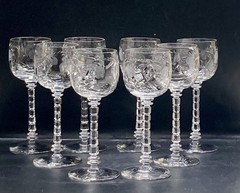 8 Libbey Rock Sharpe Villars Crystal Etched Grape Cordial Wine Sherry Glasses 6”