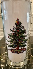 8 Spode Christmas Tree Highball Tumbler Glass 6″ 22K Gold Trim w Foam StorageBox