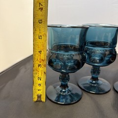 Indiana Glass Water Goblets Teal Blue King’s Crown Thumbprint Stemmed 5.5″ set 4