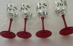 Gorham Set Of 4 10oz «Festive Holly» Christmas Wine Goblets-Crystal-**NEW**