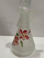 Vintage Hazel Atlas Hand painted Frosted Glass Vase/ Perfume Bottle W Stopper